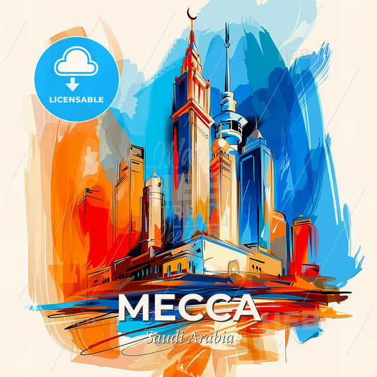 Vibrant Mecca, Saudi Arabia - A Colorful Painting Of A City - Square format print template