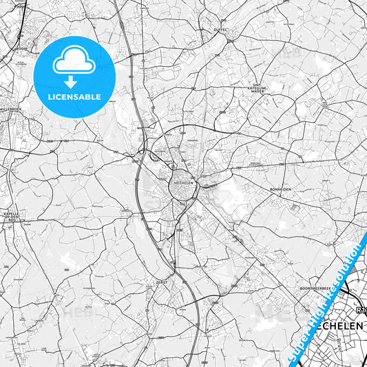 Mechelen, Belgium light map with streetnames, citynames and districts