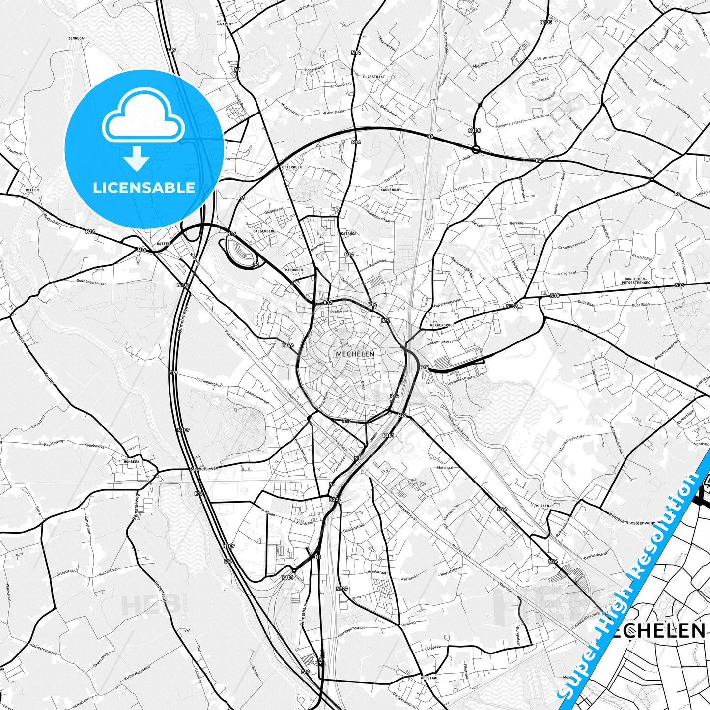 Mechelen, Belgium Light Map with Street Names, City Names, and Districts