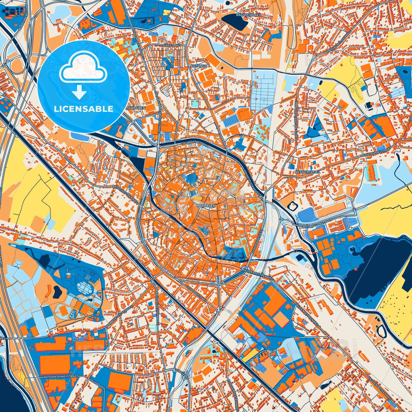 Colorful Mechelen Street Map with Labels and Buildings