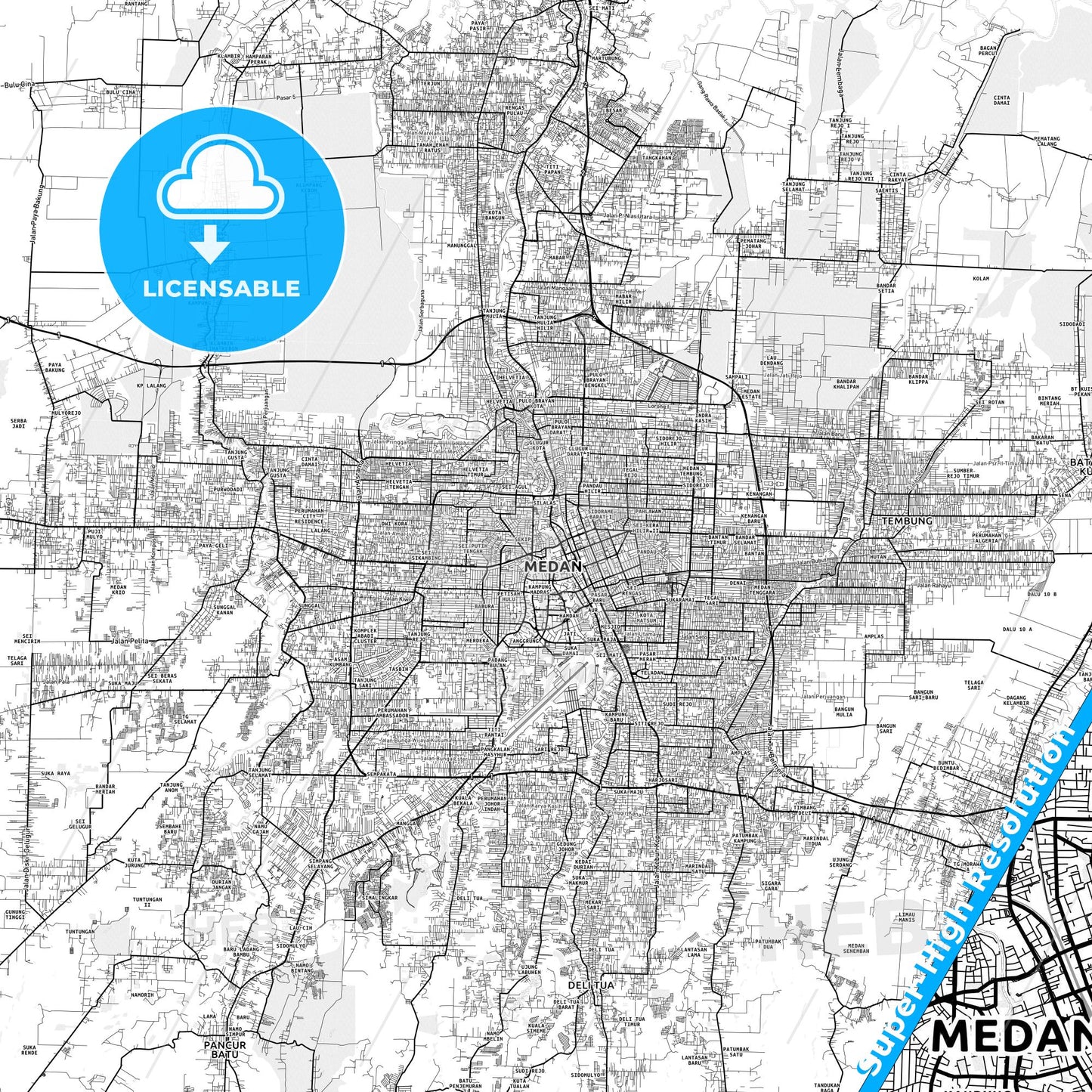 Medan, Indonesia light map with streetnames, citynames and districts