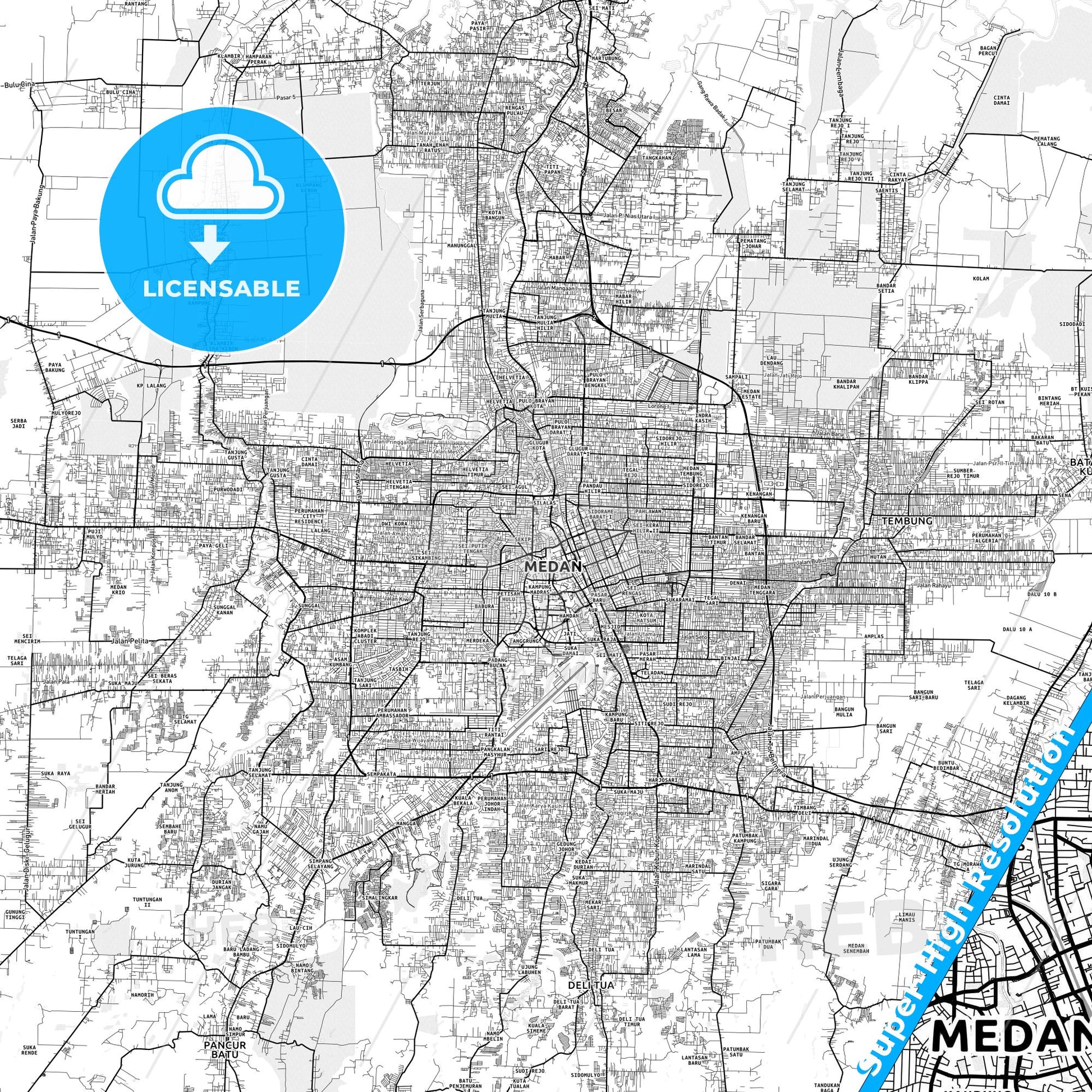Medan, Indonesia light map with streetnames, citynames and districts