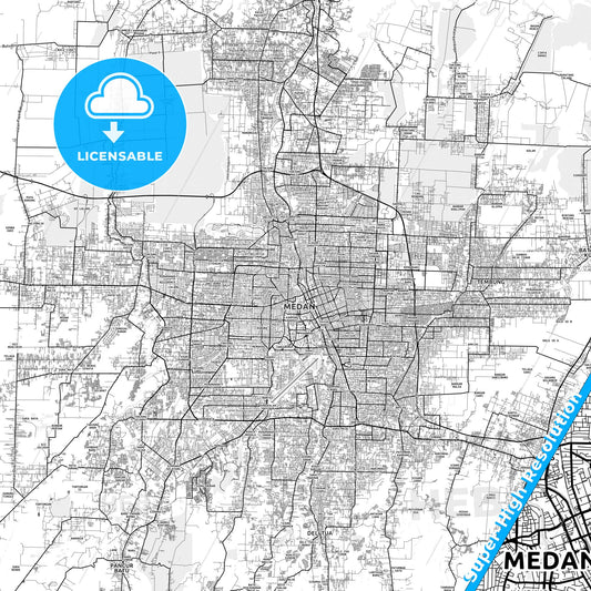 Medan, Indonesia light map with streetnames, citynames and districts
