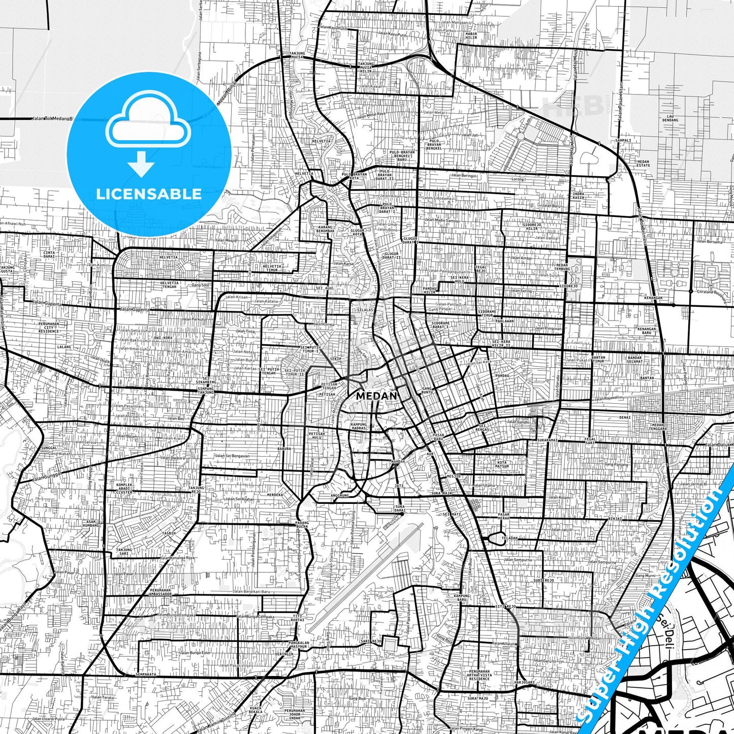 Medan, Indonesia Light Map with Street Names, City Names, and Districts