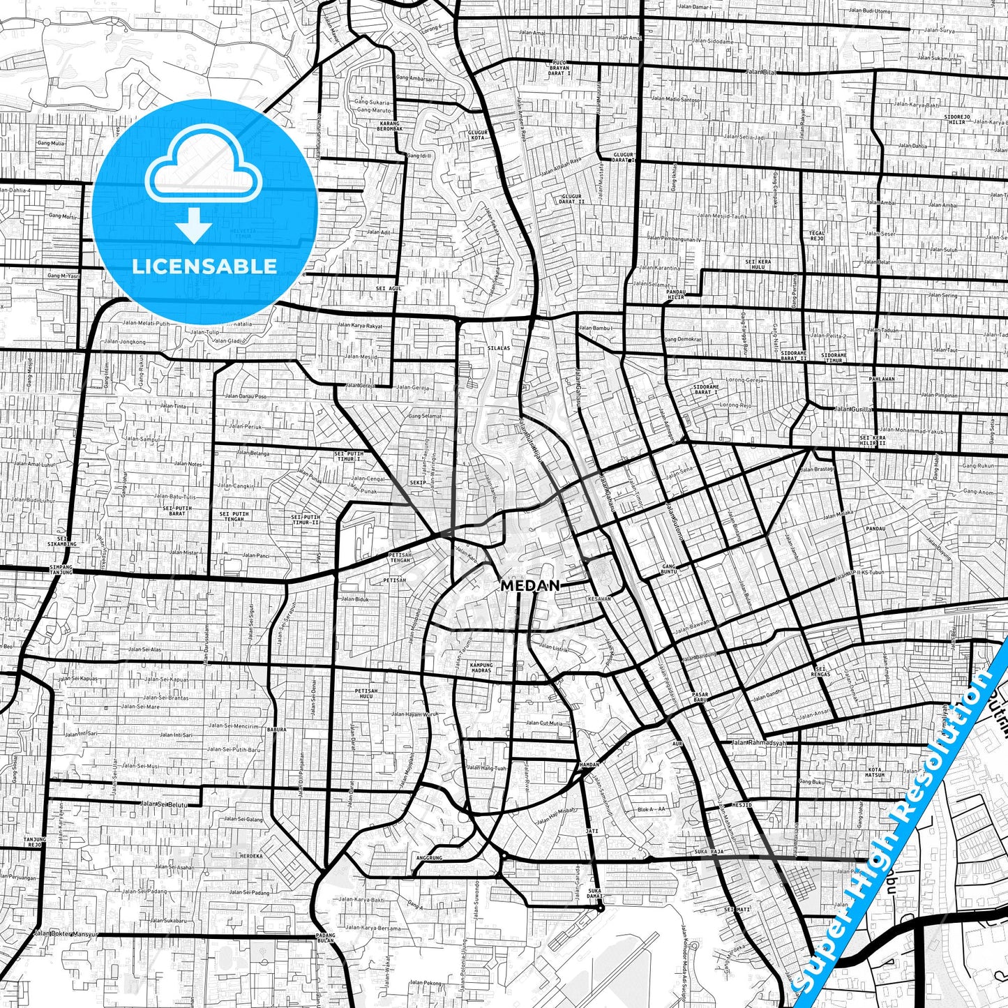 Medan, Indonesia Light Map with Street Names, City Names, and Districts
