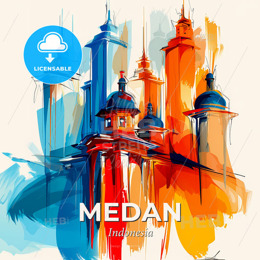 Vibrant Medan, Indonesia - A Painting Of A Building With Towers And Towers - Square format print template