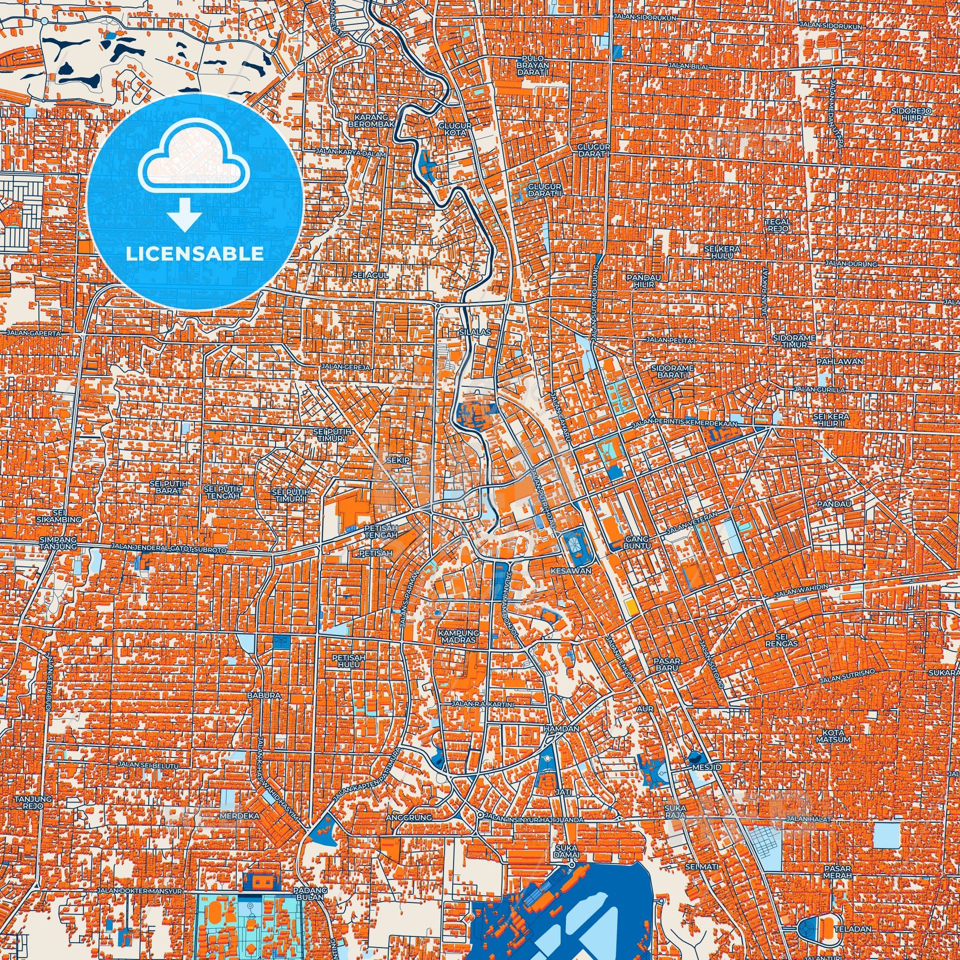 Colorful Medan Street Map with Labels and Buildings