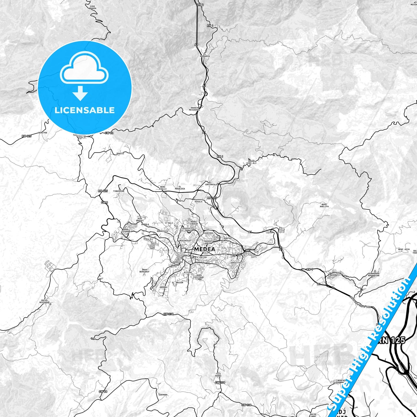 Medea, Algeria light map with streetnames, citynames and districts
