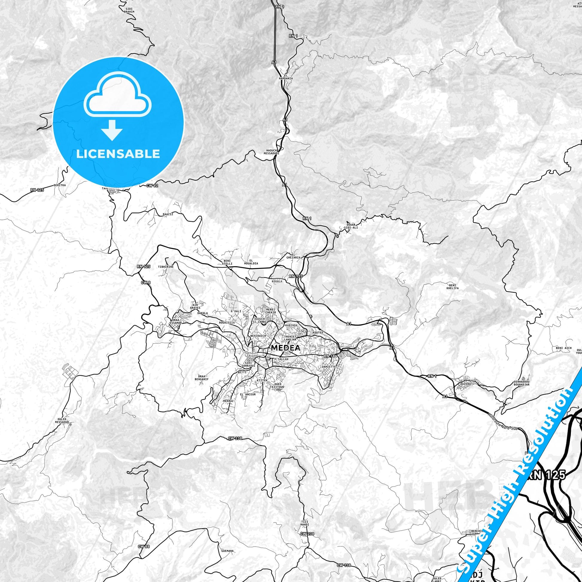 Medea, Algeria light map with streetnames, citynames and districts