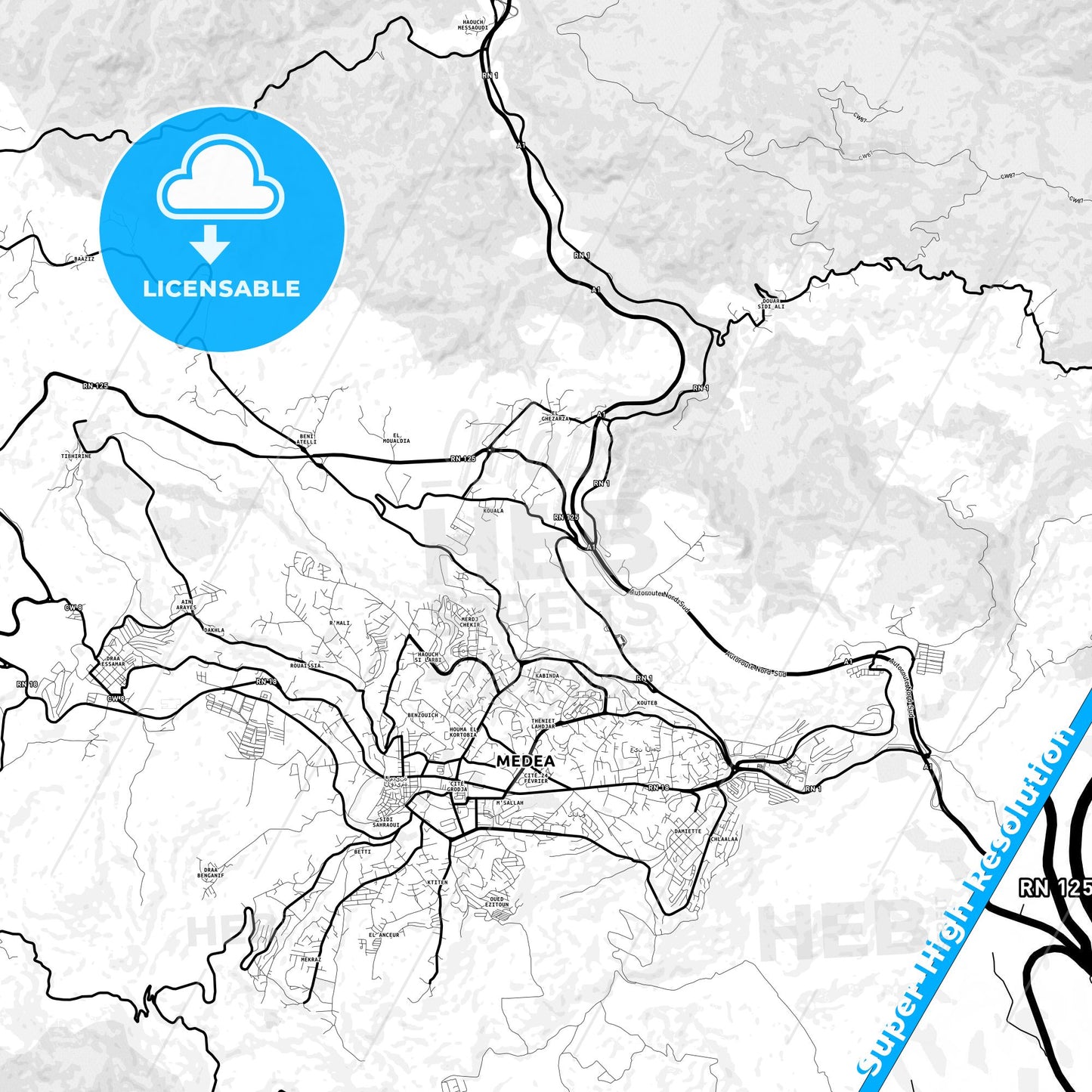 Medea, Algeria Light Map with Street Names, City Names, and Districts