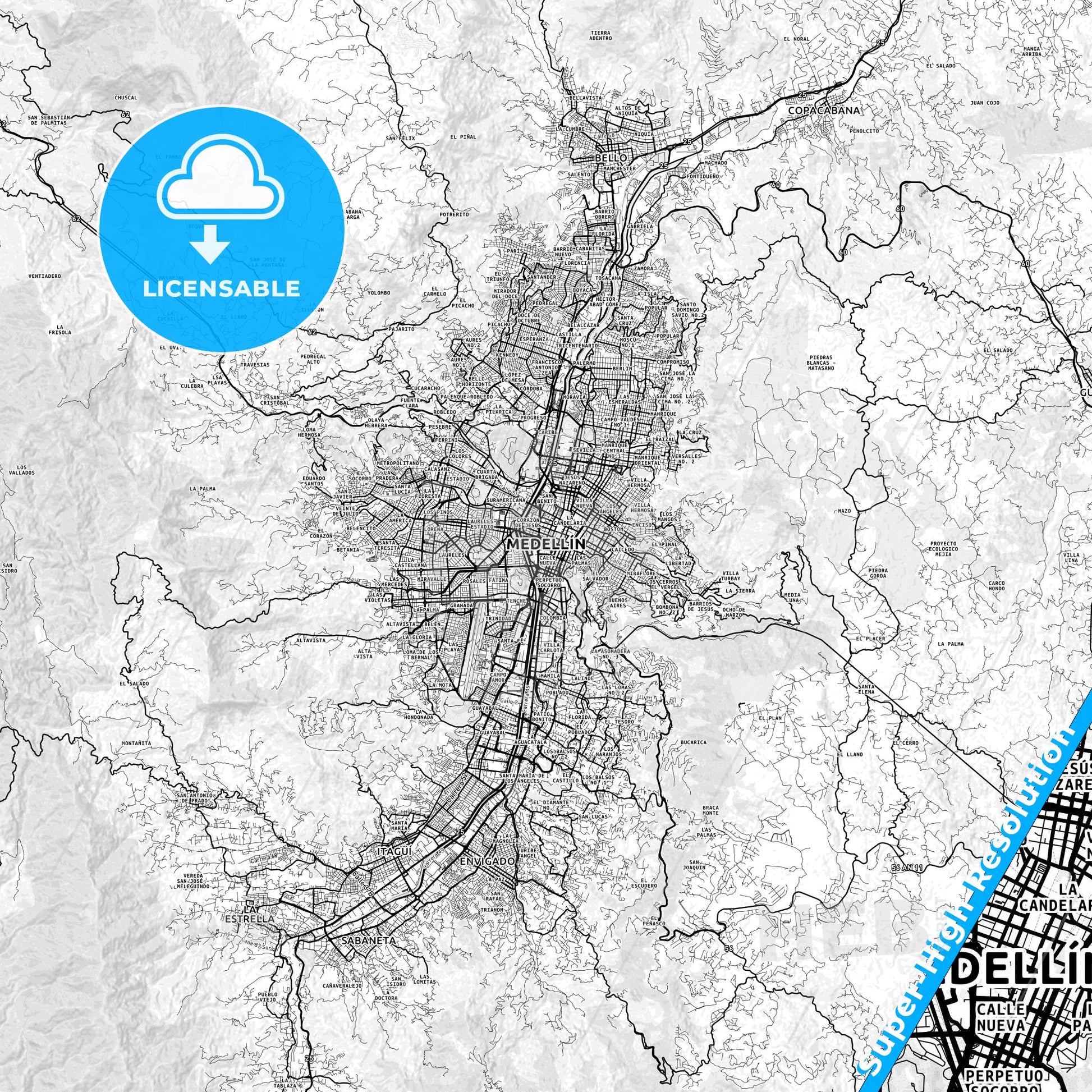 Medellin, Colombia light map with streetnames, citynames and districts