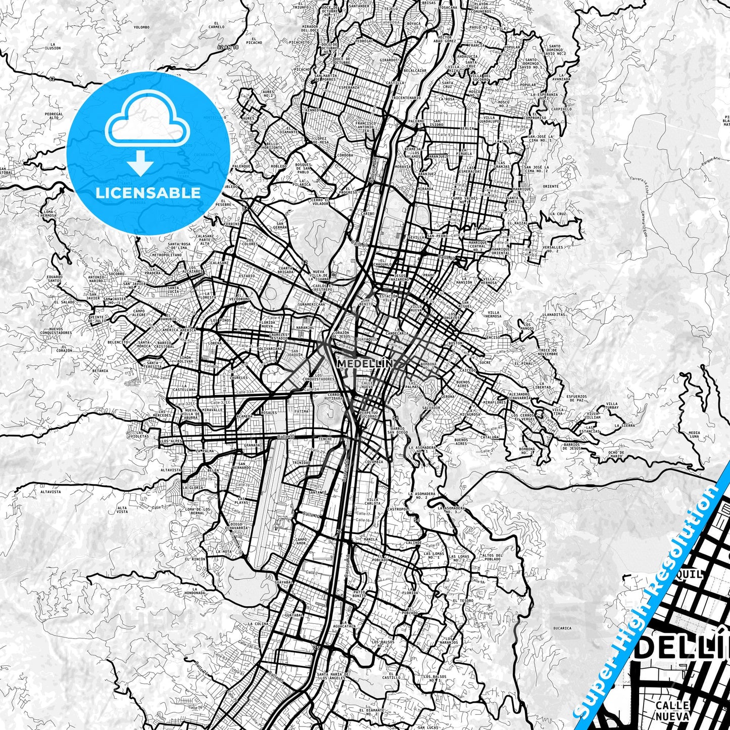 Medellin, Colombia Light Map with Street Names, City Names, and Districts