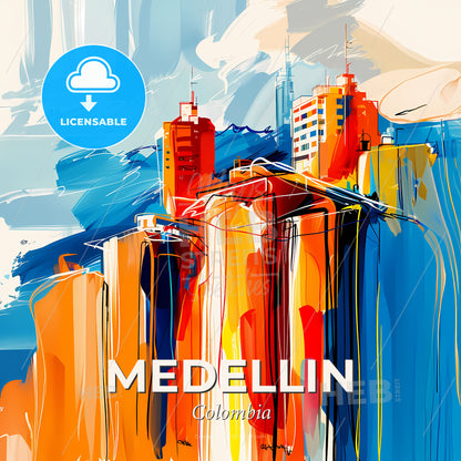 Vibrant Medellin, Colombia - A Painting Of A City - Square format print template