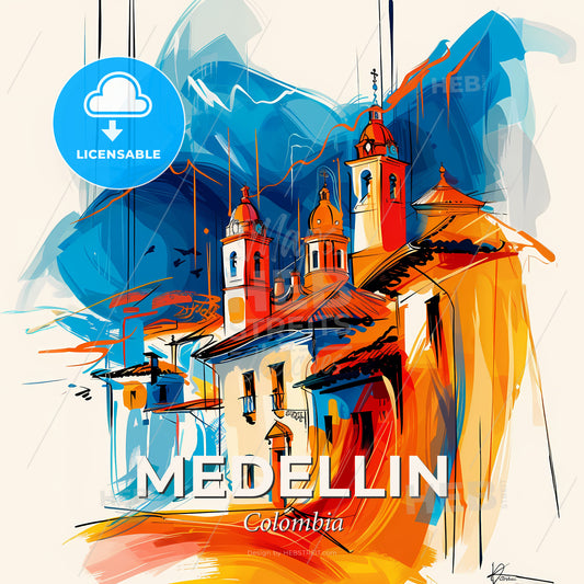 Vibrant Medellin, Colombia - A Painting Of A Building With Towers - Square format print template