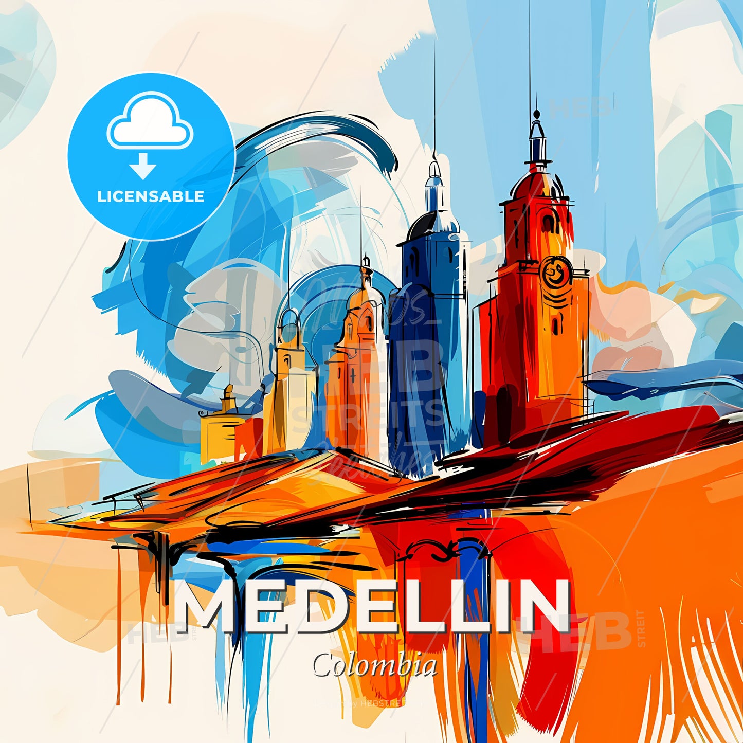 Vibrant Medellin, Colombia - A Colorful Painting Of A City - Square format print template