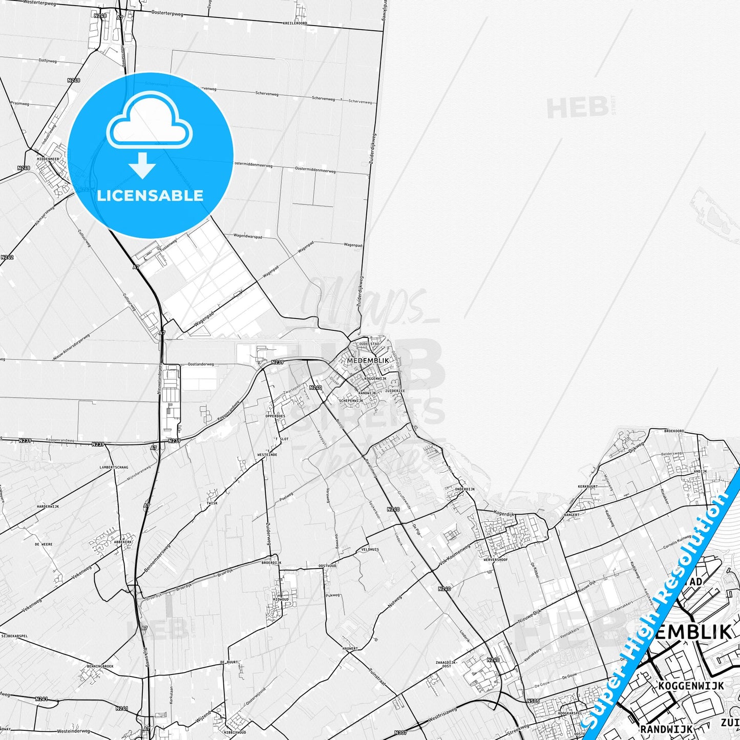 Medemblik, Netherlands light map with streetnames, citynames and districts