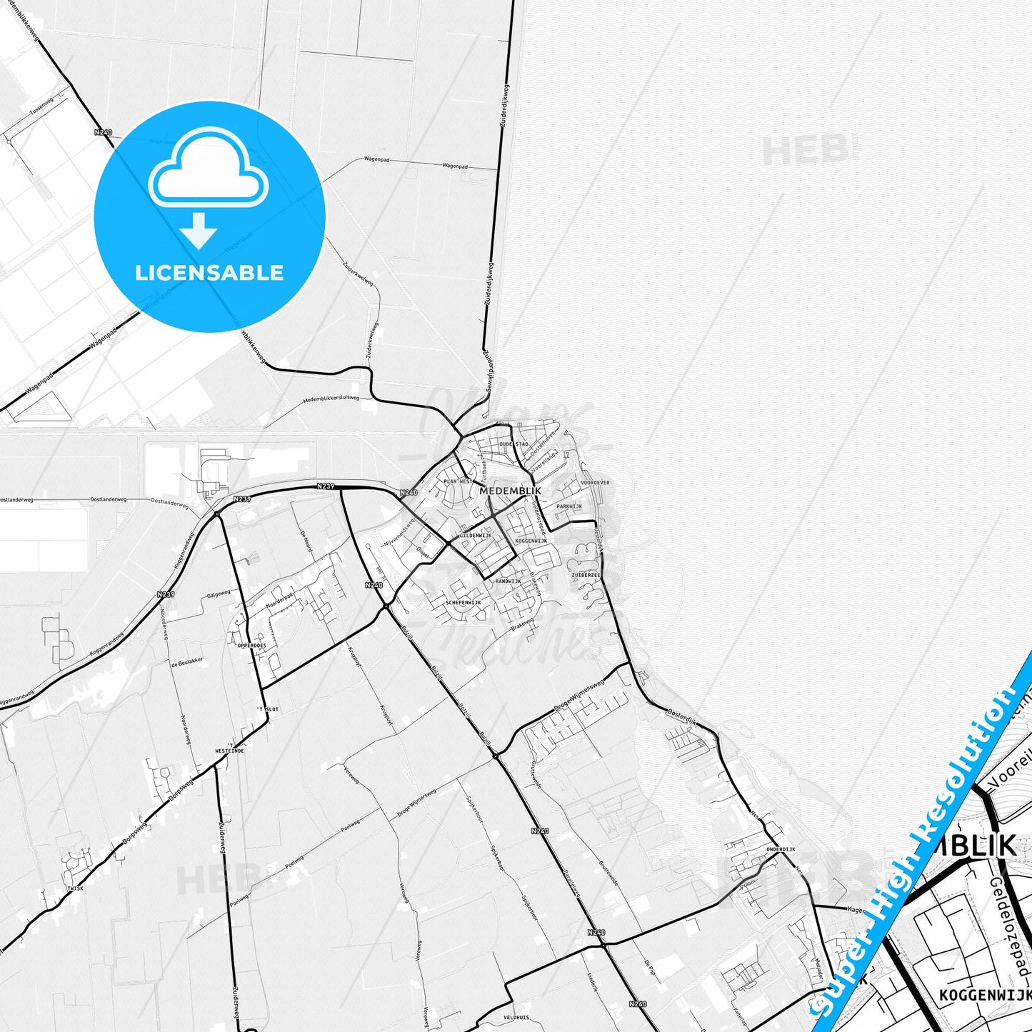 Medemblik, Netherlands Light Map with Street Names, City Names, and Districts