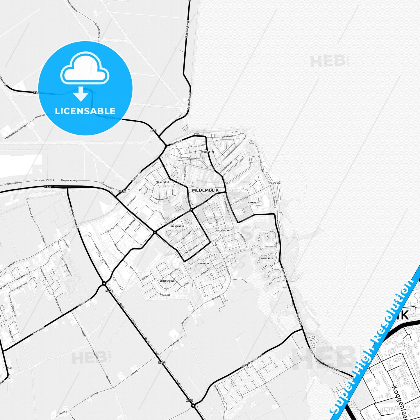 Medemblik, Netherlands Light Map with Street Names, City Names, and Districts