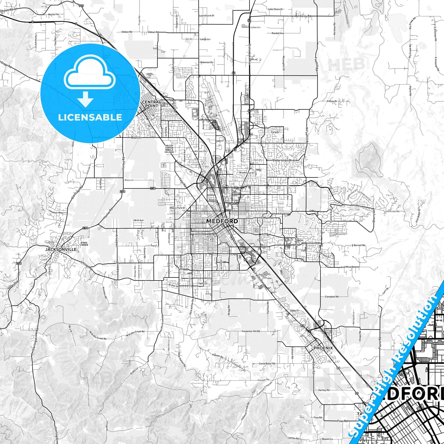 Medford, Oregon light map with streetnames, citynames and districts