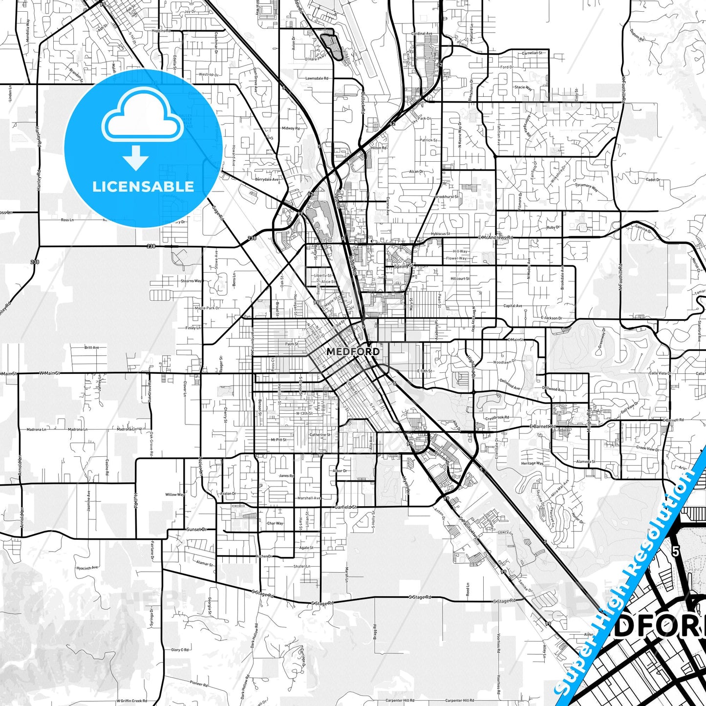 Medford, Oregon Light Map with Street Names, City Names, and Districts