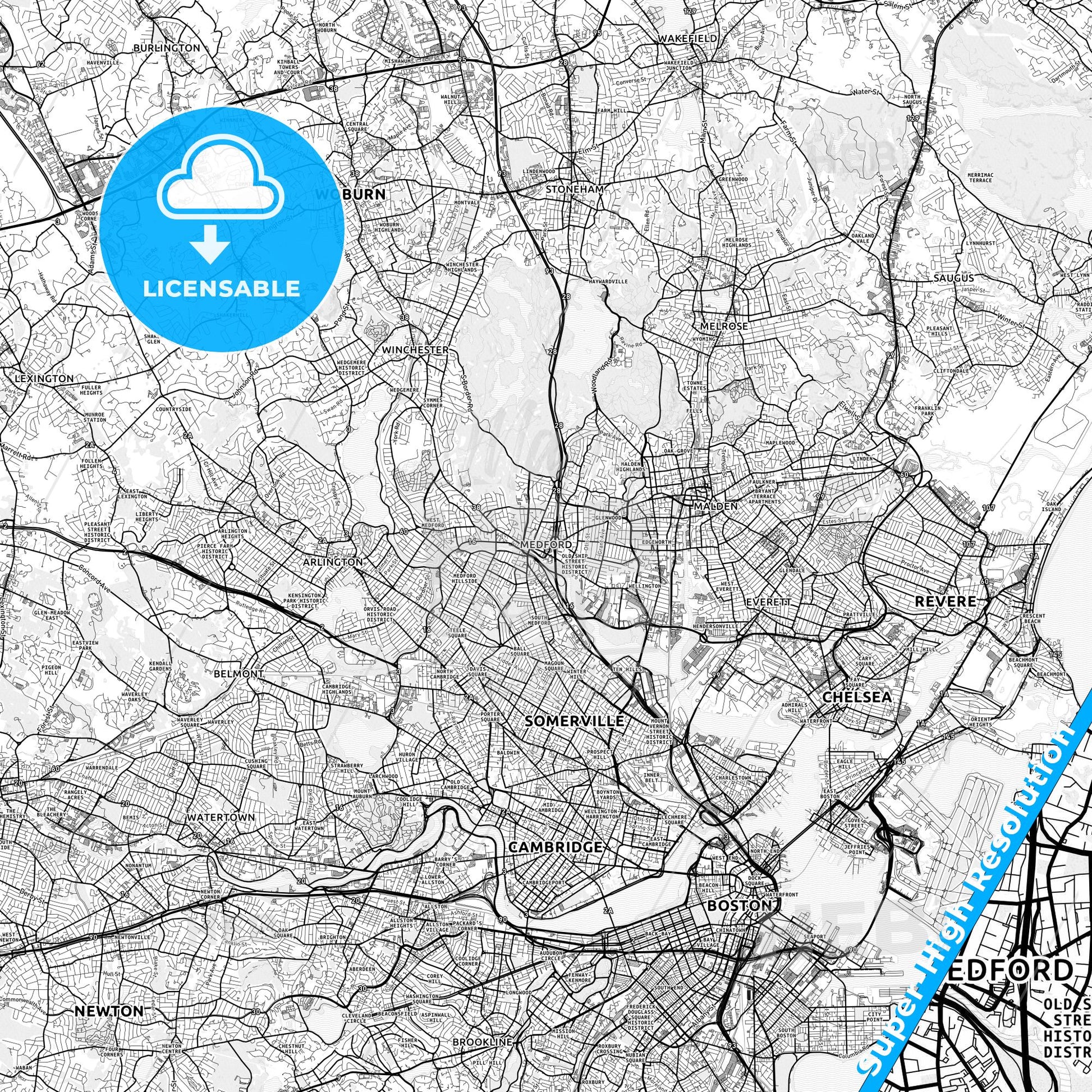 Medford, Massachusetts light map with streetnames, citynames and districts