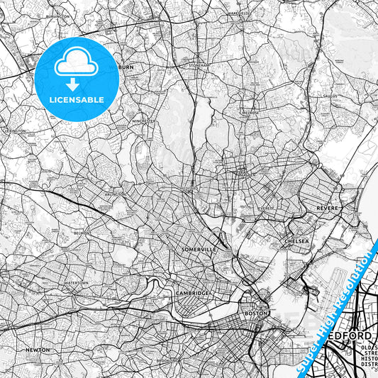 Medford, Massachusetts light map with streetnames, citynames and districts