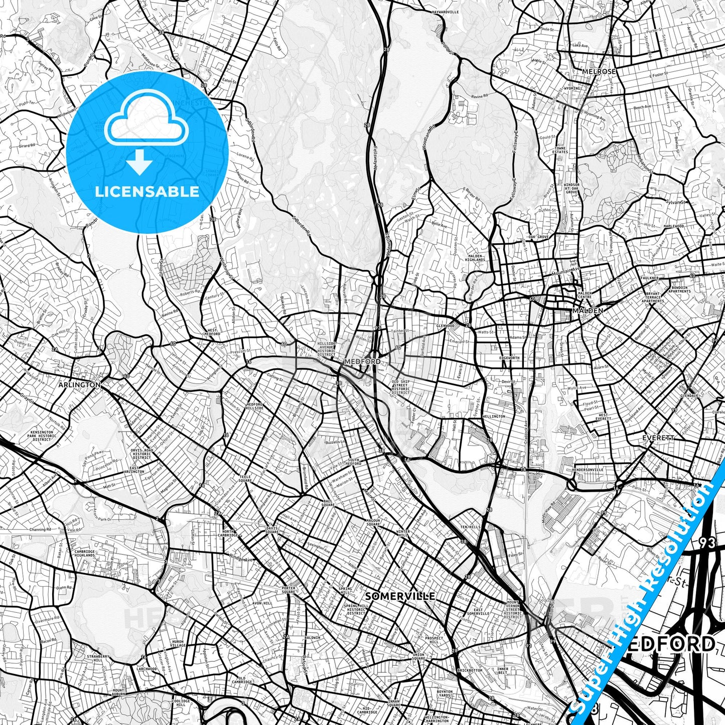Medford, Massachusetts Light Map with Street Names, City Names, and Districts