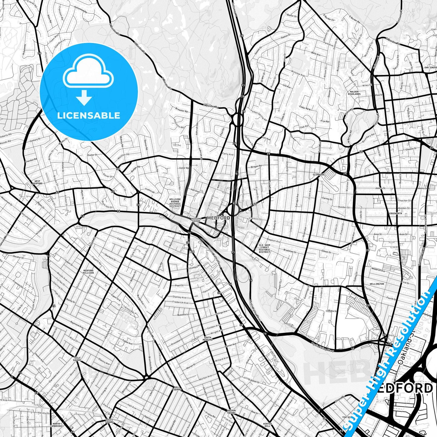 Medford, Massachusetts Light Map with Street Names, City Names, and Districts