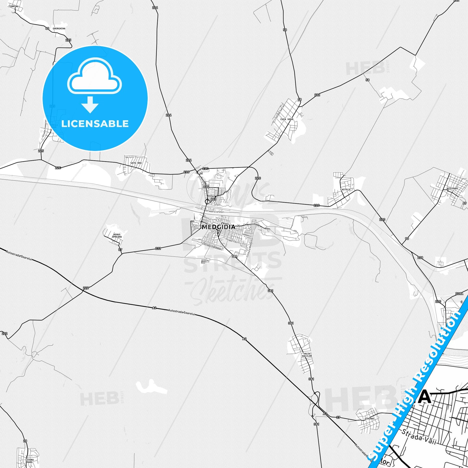 Medgidia, Romania light map with streetnames, citynames and districts
