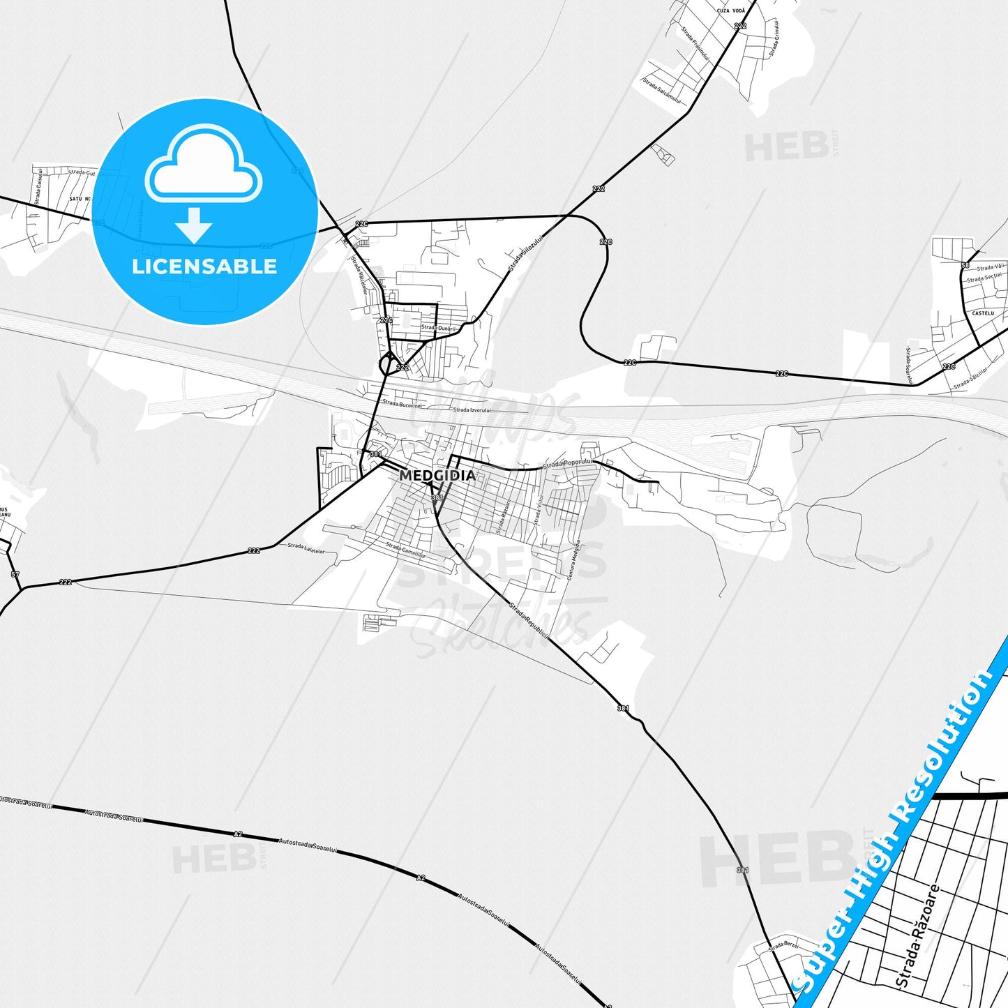 Medgidia, Romania Light Map with Street Names, City Names, and Districts
