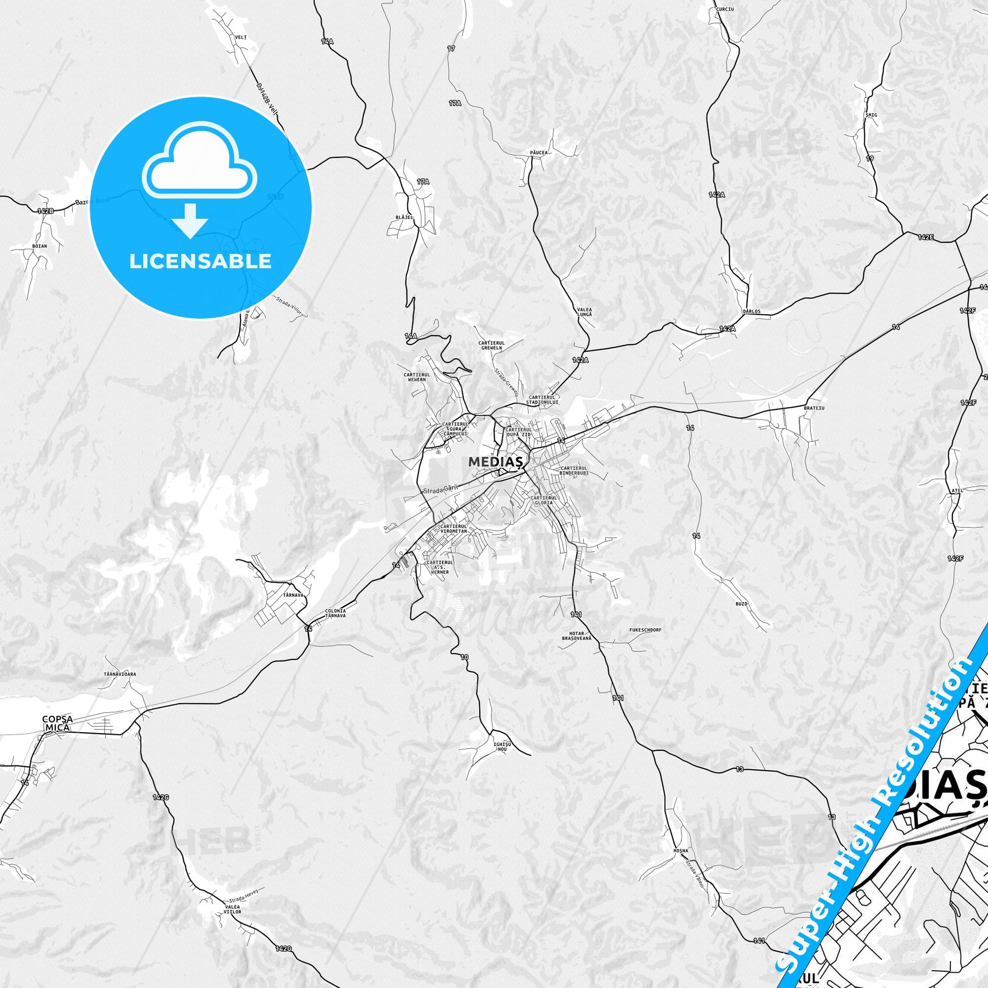 Mediaș, Romania light map with streetnames, citynames and districts