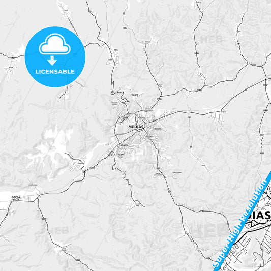 Mediaș, Romania light map with streetnames, citynames and districts