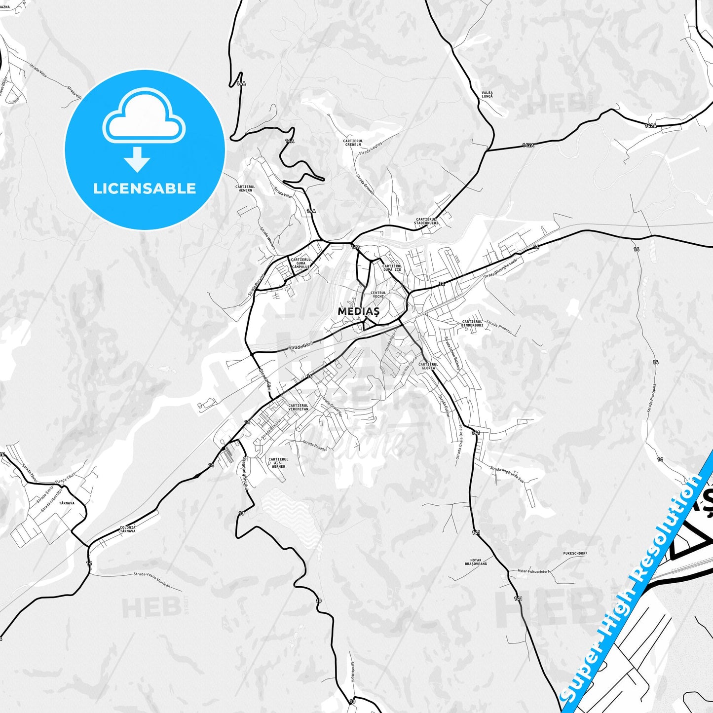 Mediaș, Romania Light Map with Street Names, City Names, and Districts