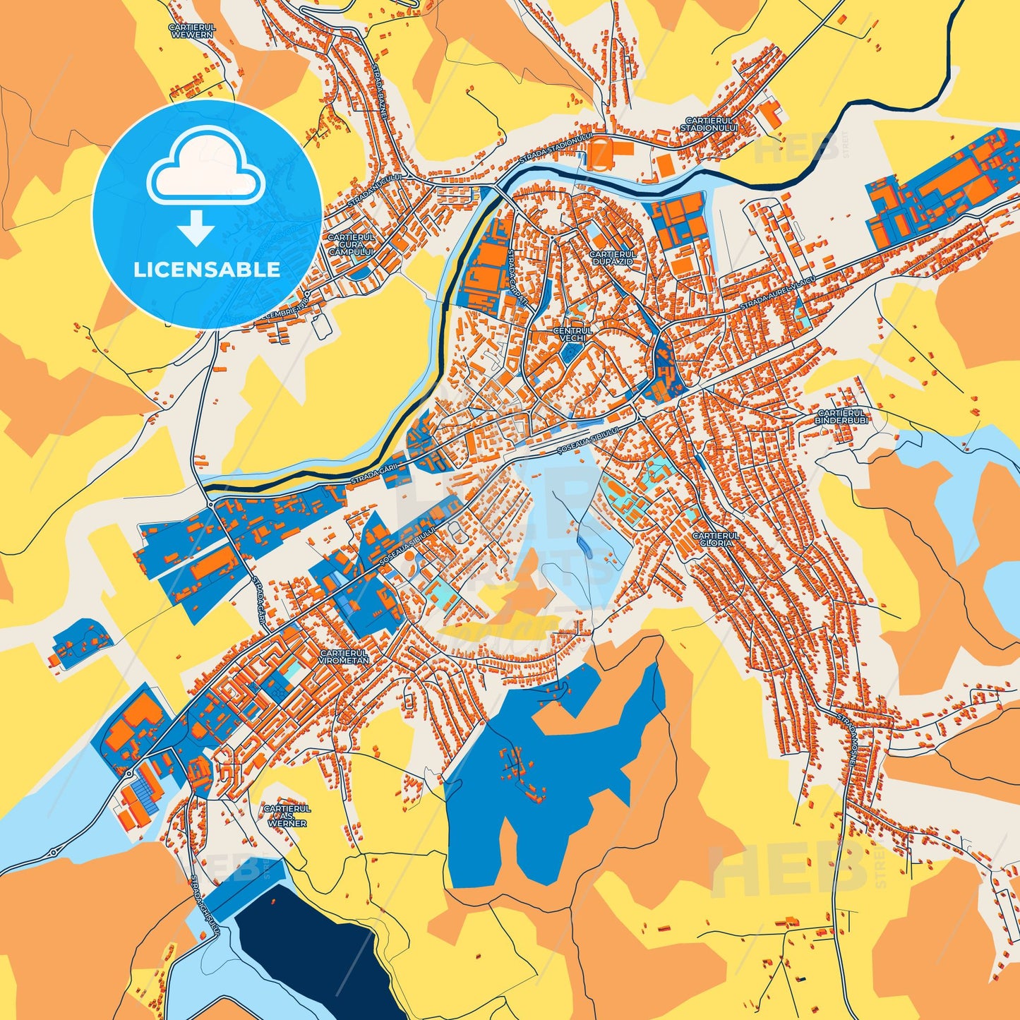 Colorful Mediaș Street Map with Labels and Buildings