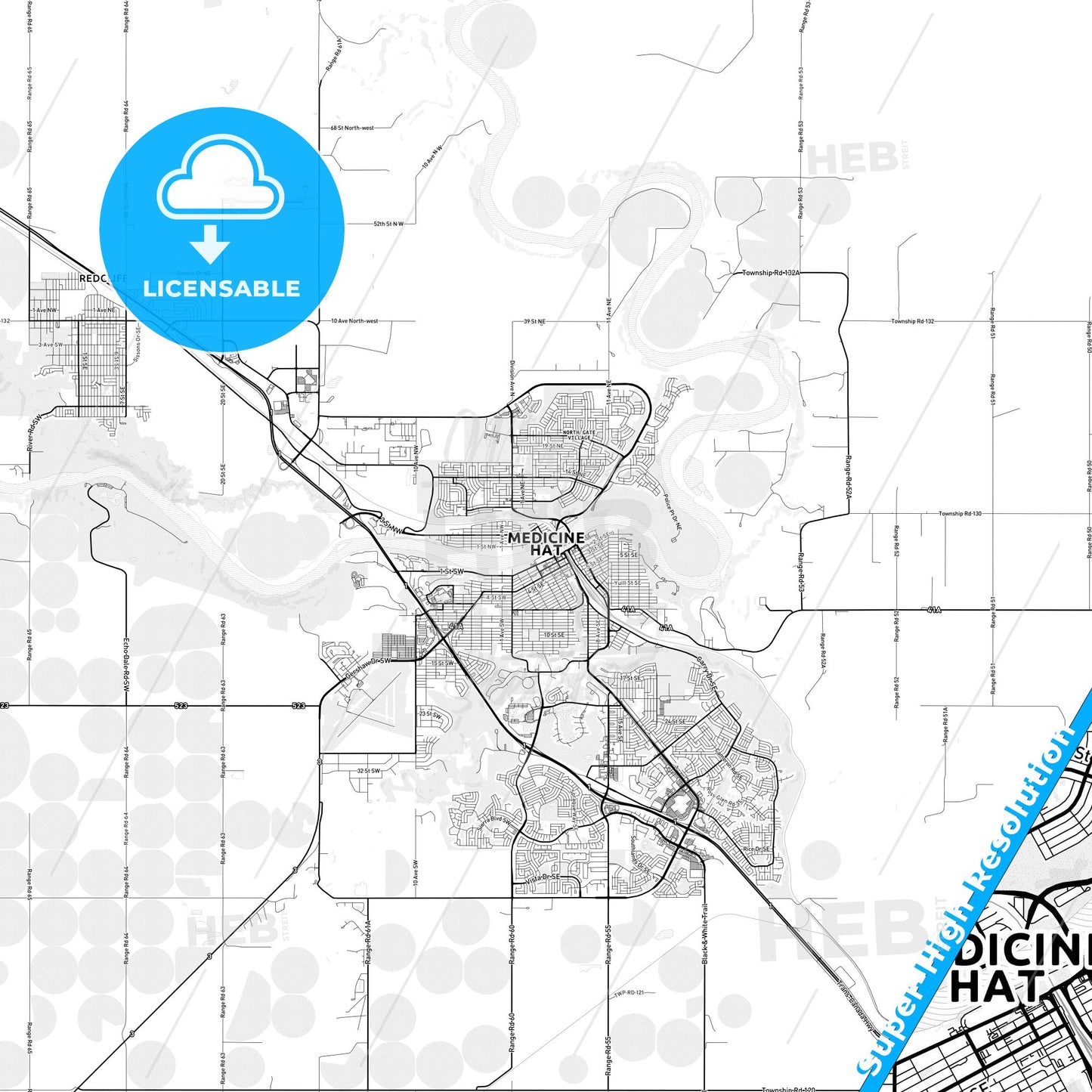 Medicine Hat, Canada light map with streetnames, citynames and districts