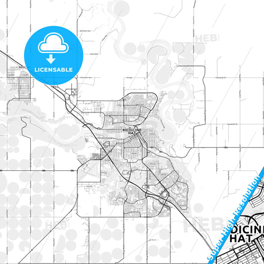 Medicine Hat, Canada light map with streetnames, citynames and districts