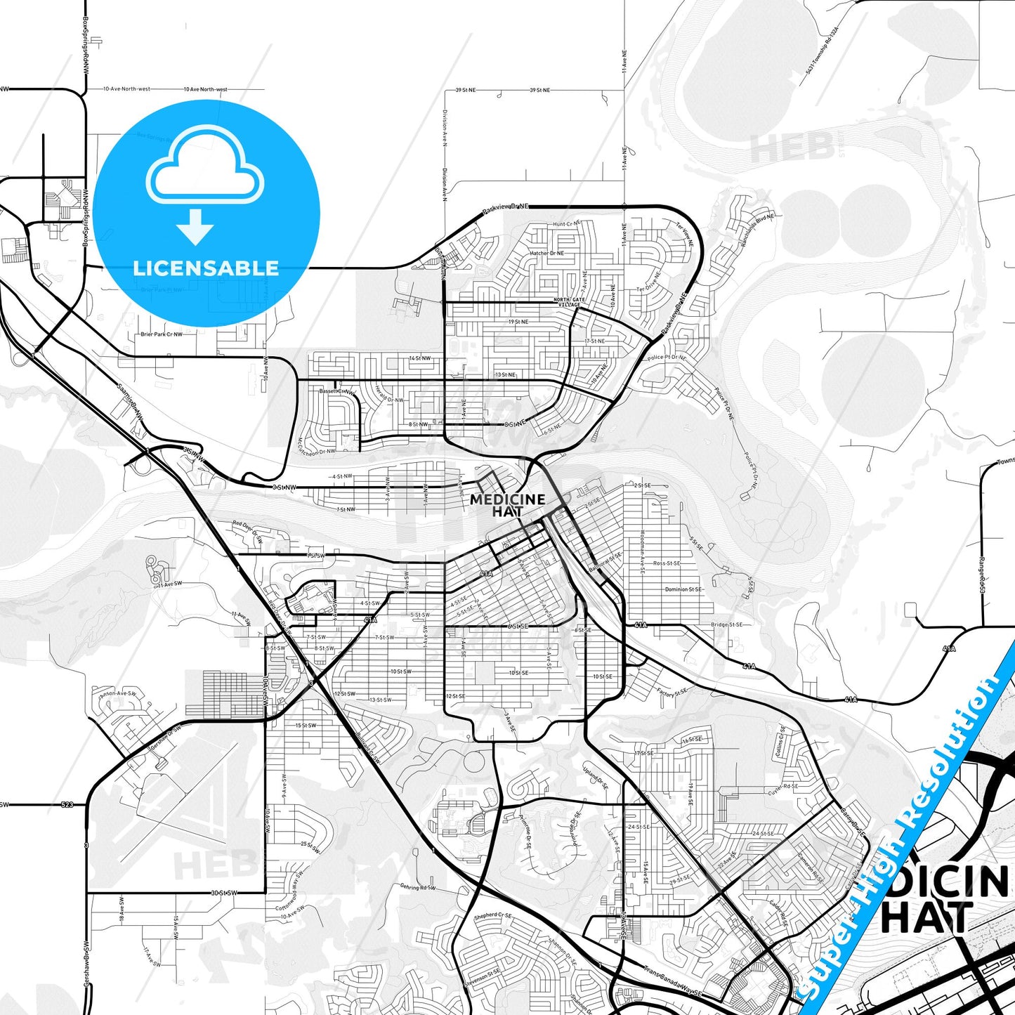 Medicine Hat, Canada Light Map with Street Names, City Names, and Districts