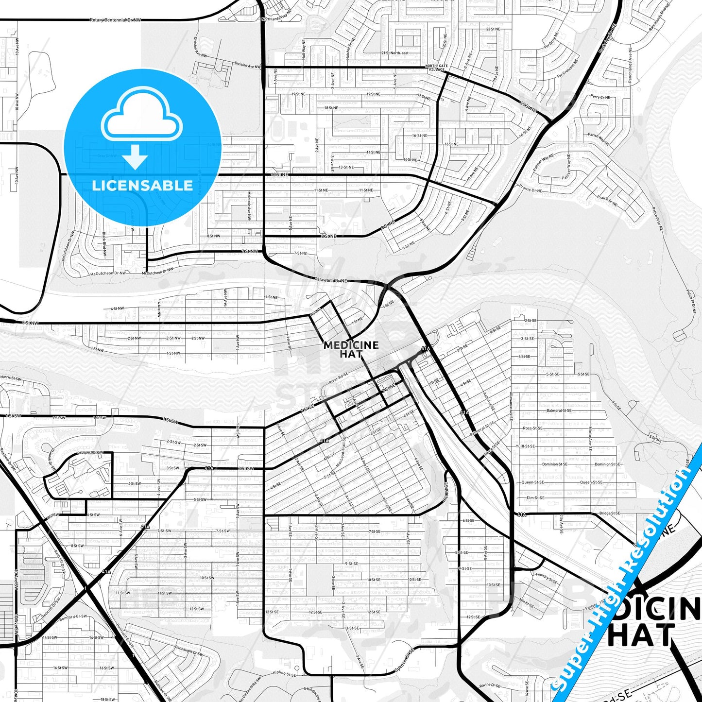 Medicine Hat, Canada Light Map with Street Names, City Names, and Districts