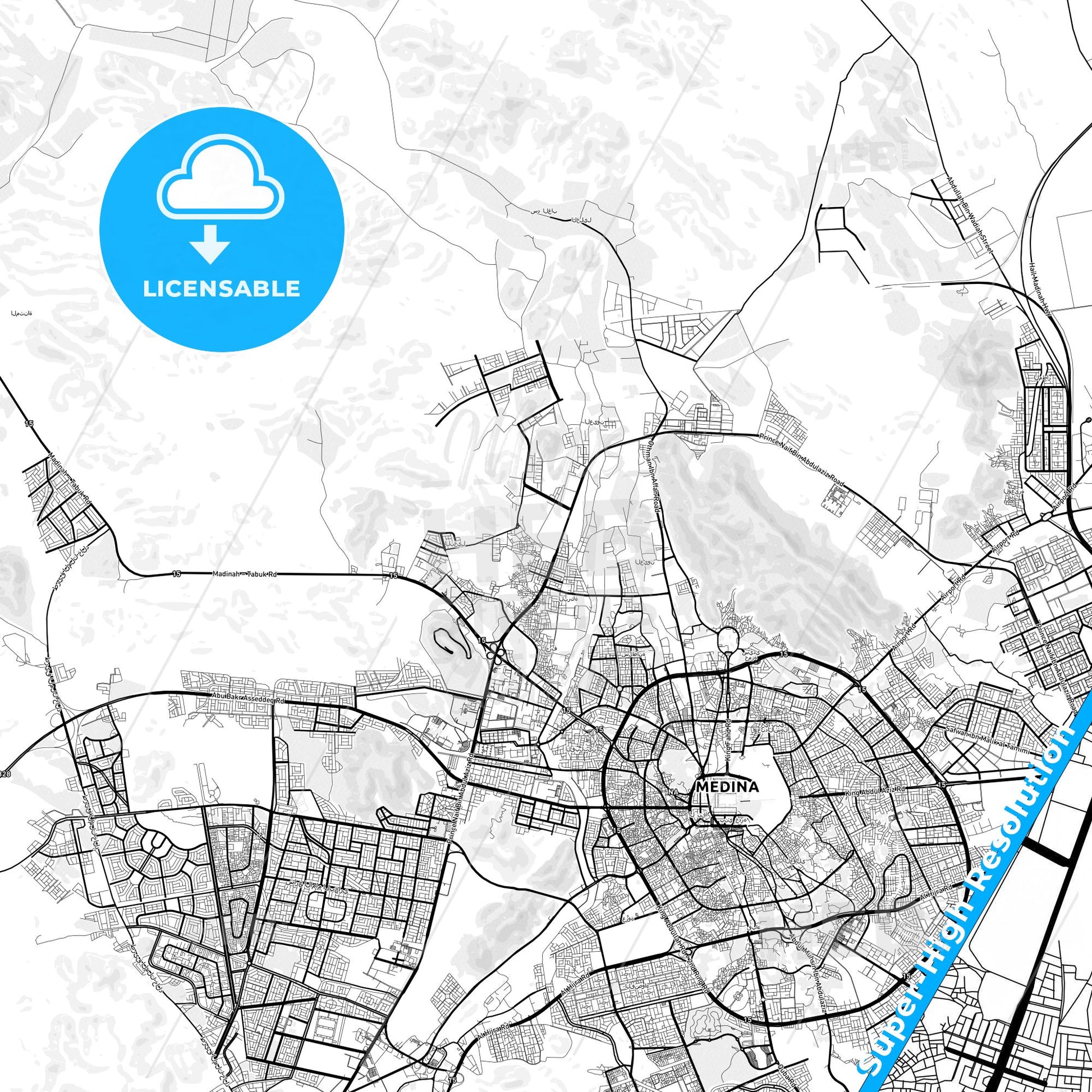 Medina, Saudi Arabia light map with streetnames, citynames and districts