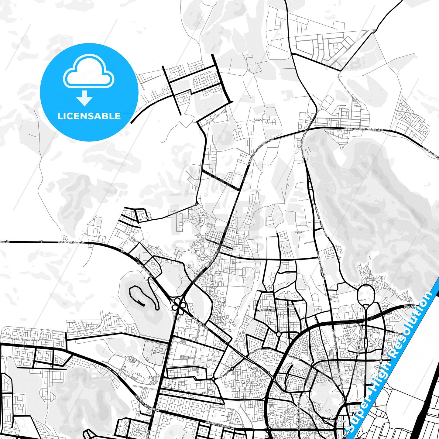 Medina, Saudi Arabia Light Map with Street Names, City Names, and Districts
