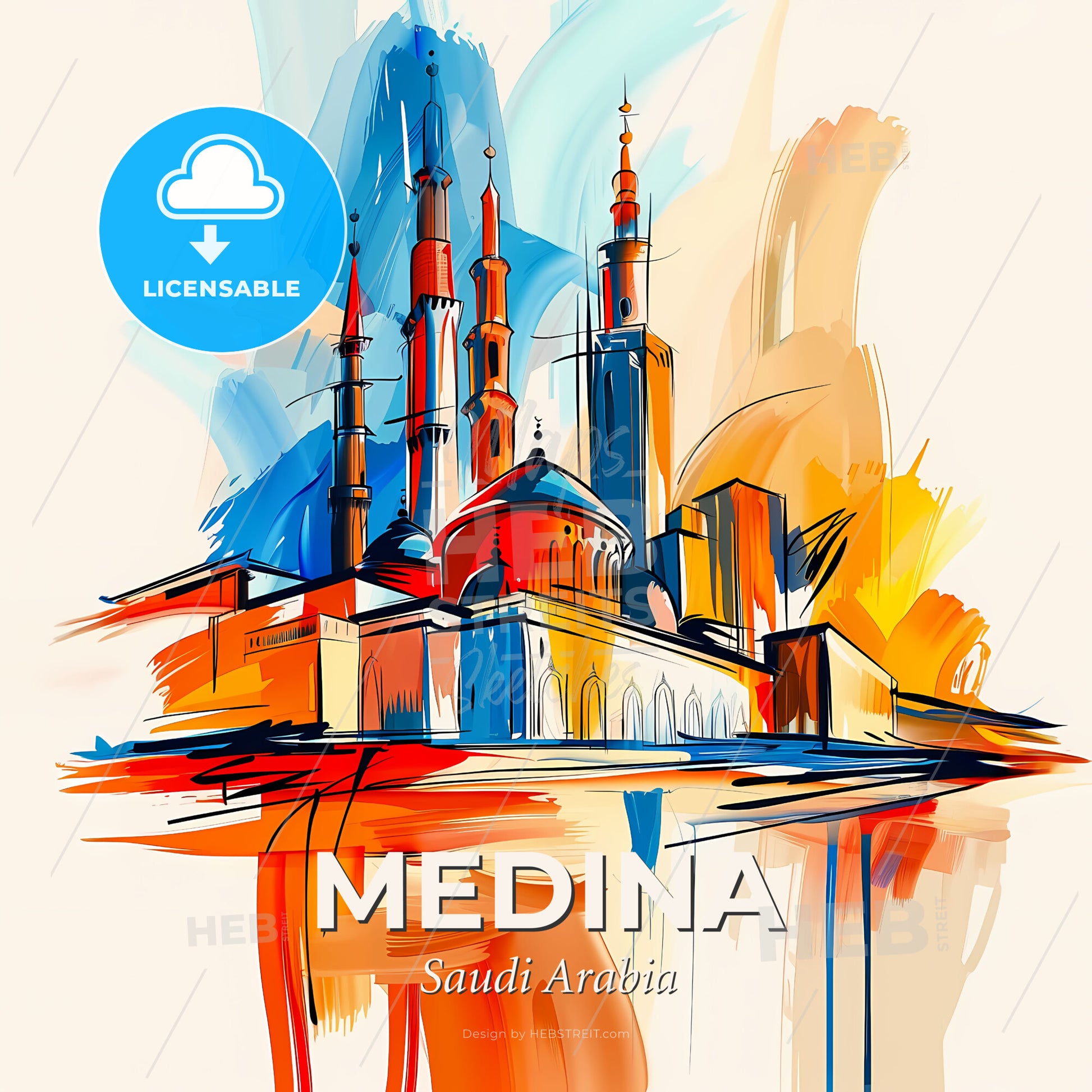 Vibrant Medina, Saudi Arabia - A Colorful Drawing Of A Building - Square format print template