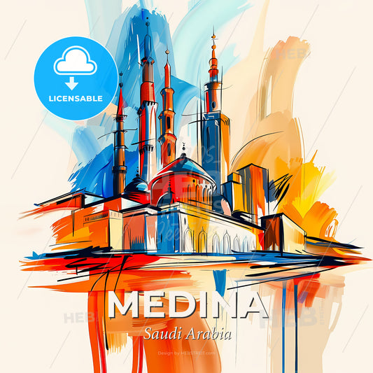 Vibrant Medina, Saudi Arabia - A Colorful Drawing Of A Building - Square format print template