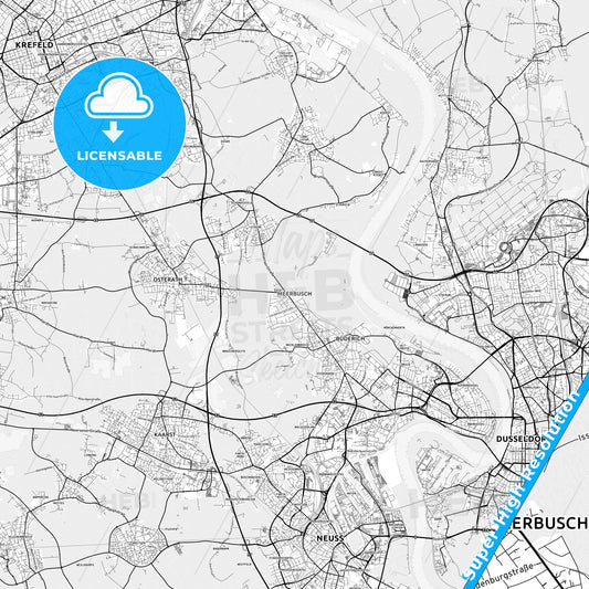 Meerbusch, Germany light map with streetnames, citynames and districts