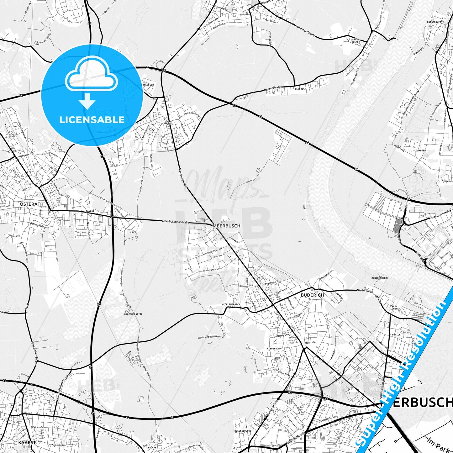 Meerbusch, Germany Light Map with Street Names, City Names, and Districts