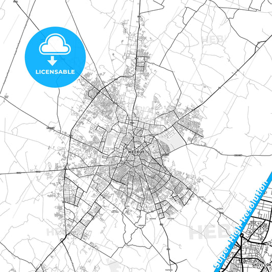 Meerut, India light map with streetnames, citynames and districts