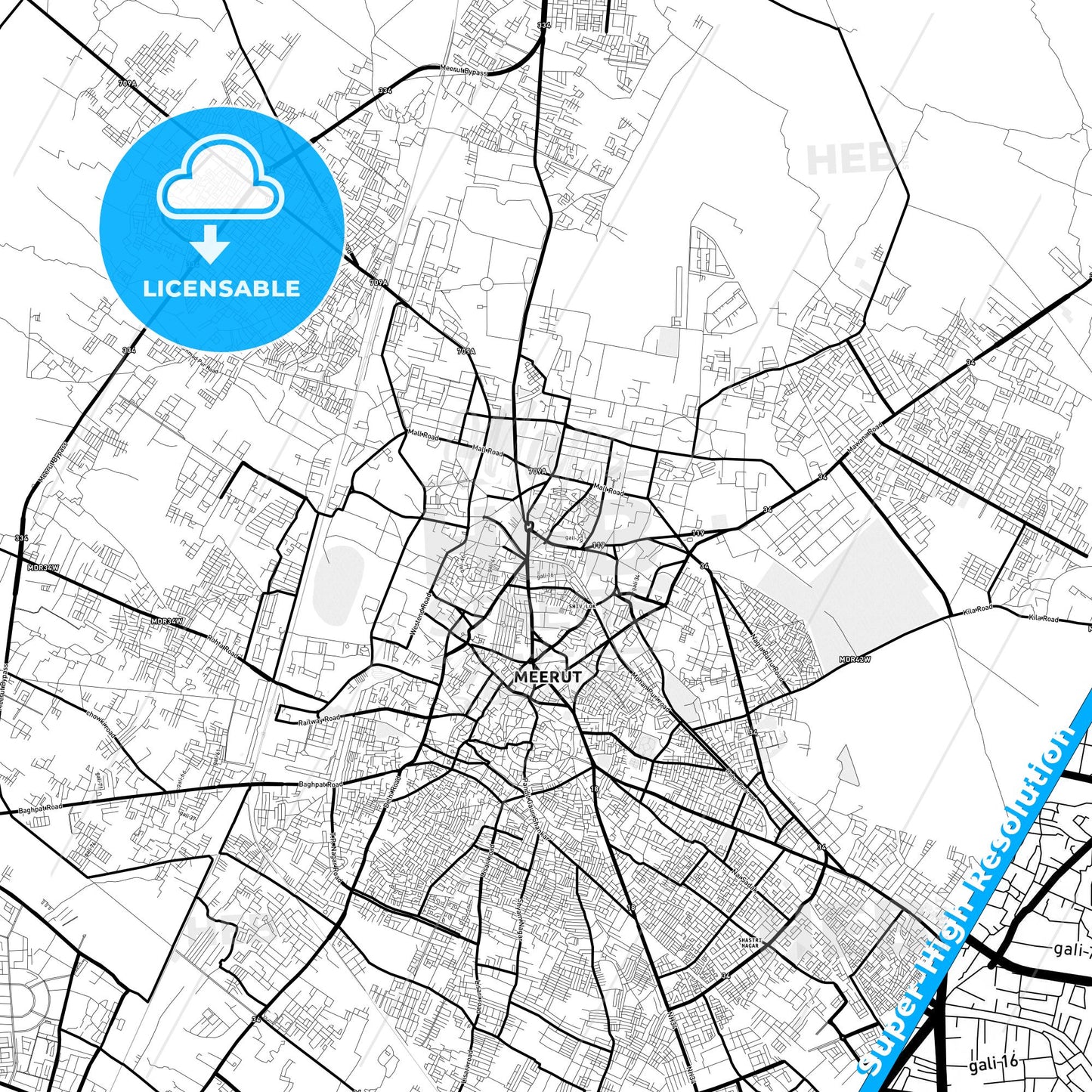 Meerut, India Light Map with Street Names, City Names, and Districts