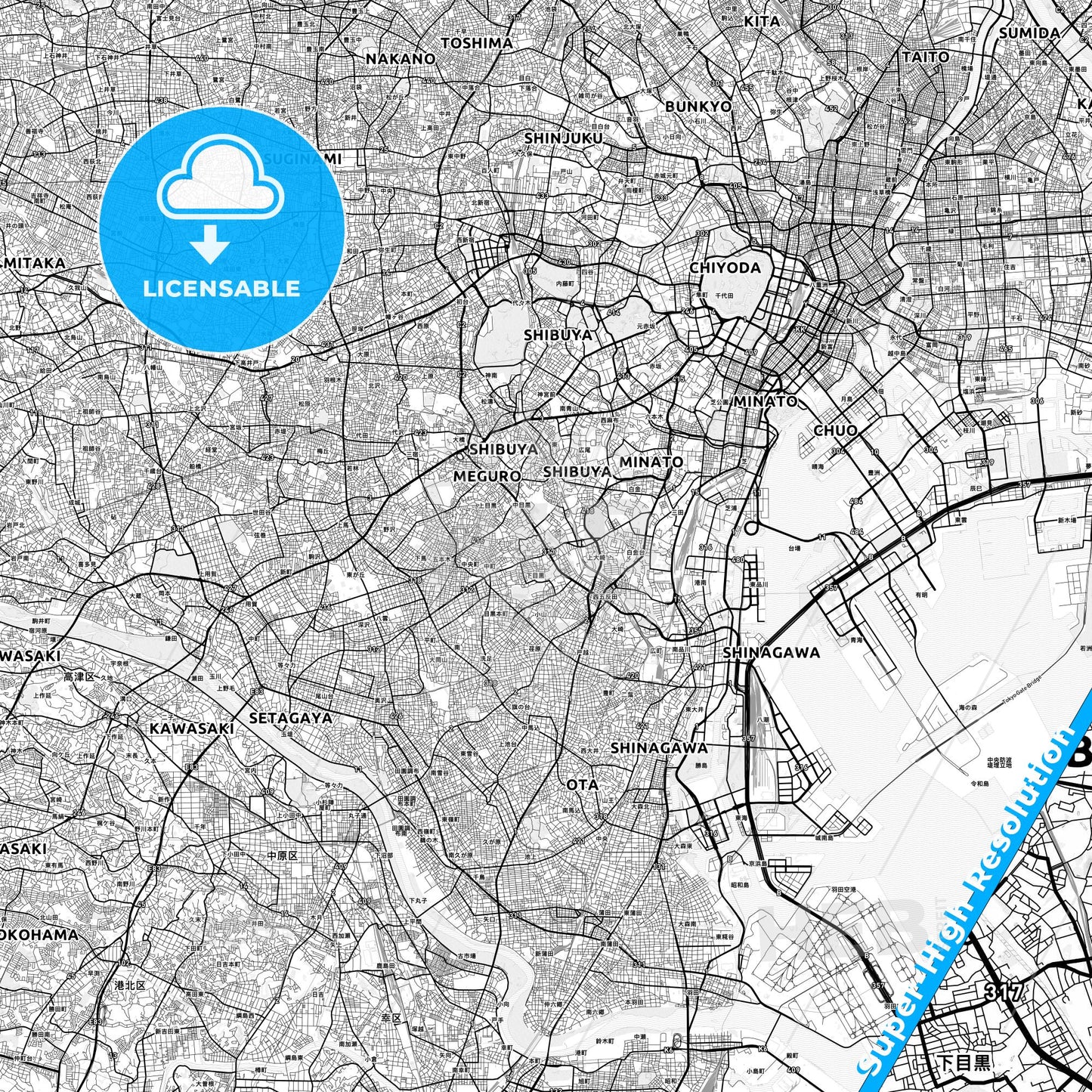 Meguro, Japan light map with streetnames, citynames and districts