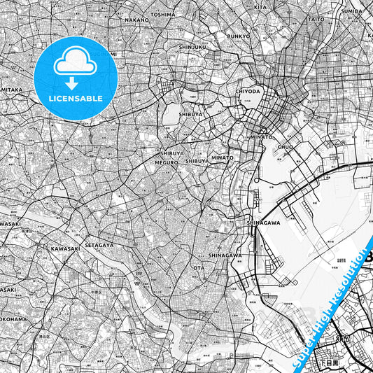 Meguro, Japan light map with streetnames, citynames and districts