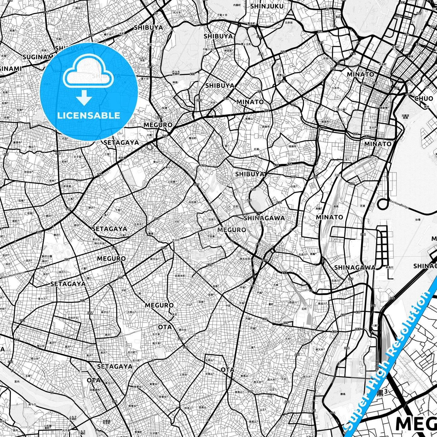 Meguro, Japan Light Map with Street Names, City Names, and Districts