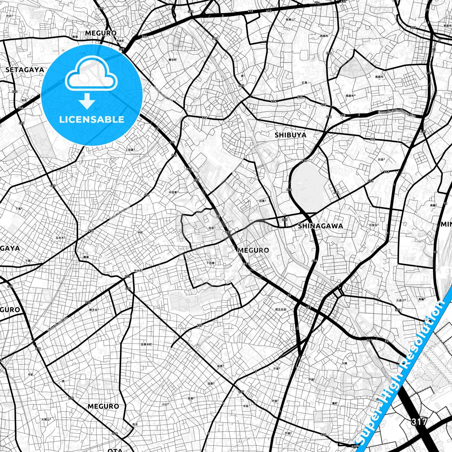 Meguro, Japan Light Map with Street Names, City Names, and Districts